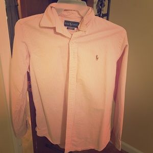 Men's pink/coral and white long sleeve polo size M